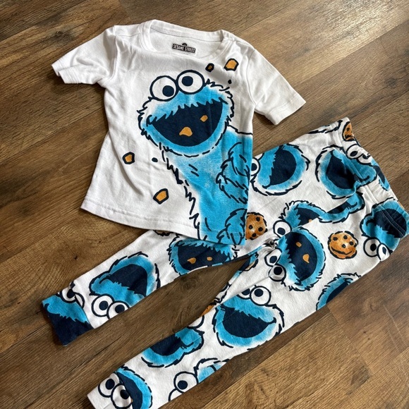 Sesame Street Cookie Monster Blue & White Long Sleeve PJ Pajama Set kids sz 3T - Picture 1 of 7